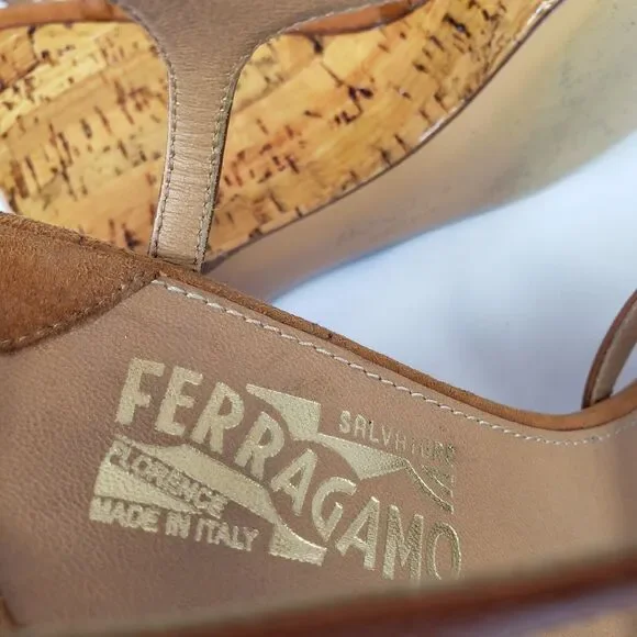 Salvatore Ferragamo Platform Cork Wedges Brown Leather SandalsItaly
